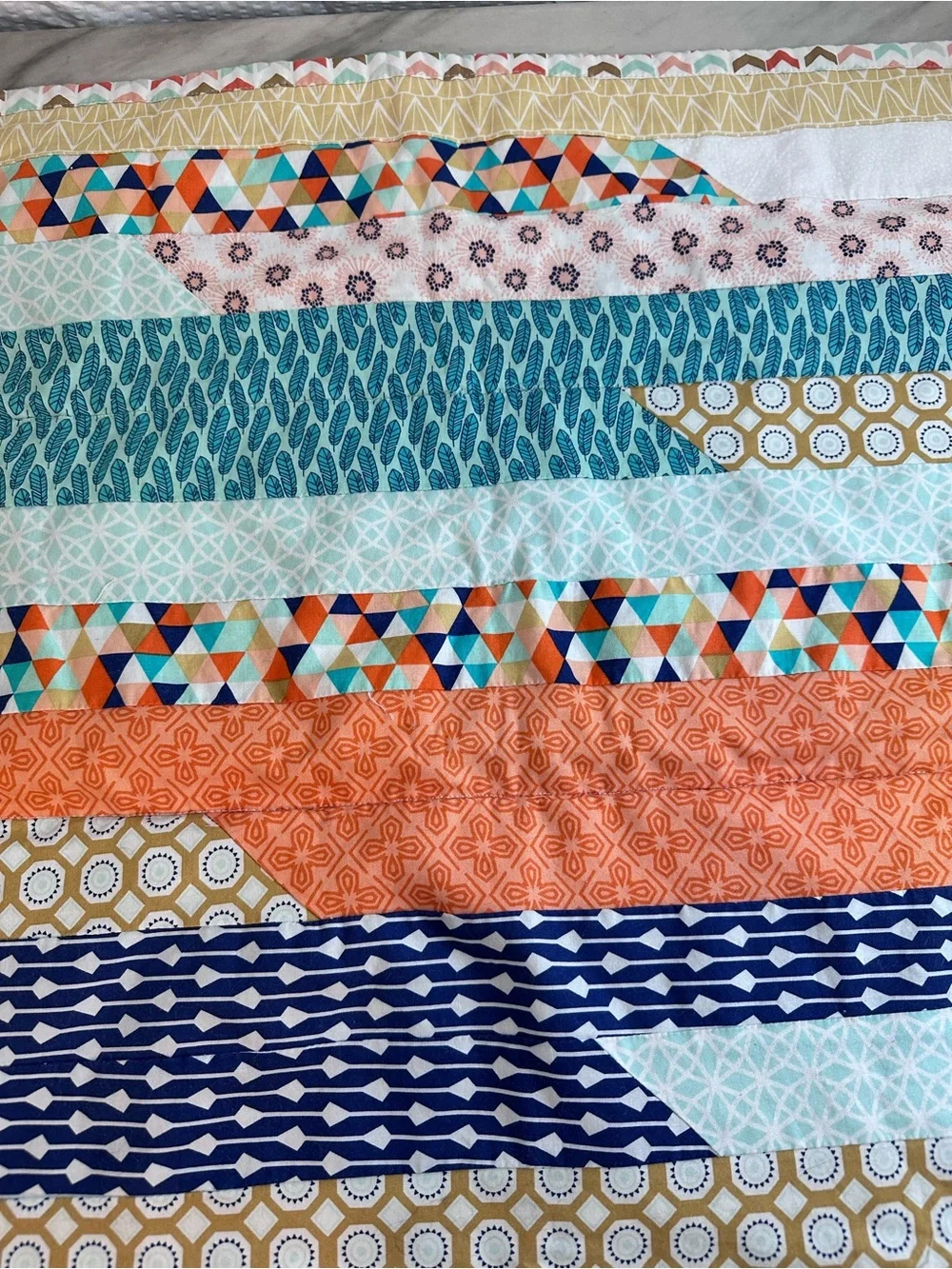 Striped Patchwork Cotton Quilt in Coral, Teal & Navy